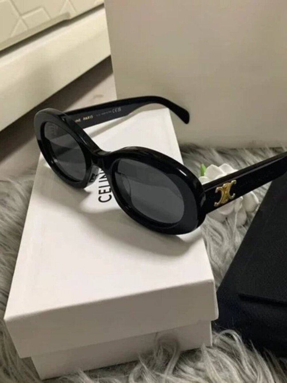 Celine Triomphe Oval Sunglasses Black Acetate Frame Dark Grey Lenses Gold Triomp